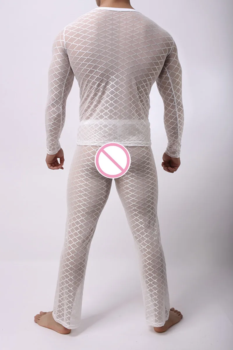 Fashion Men's Mesh Argyle Transparent Sleep Pajama Sets Sexy Bodybuilding T Shirts And Long Pants men's cotton pajama pants with pockets