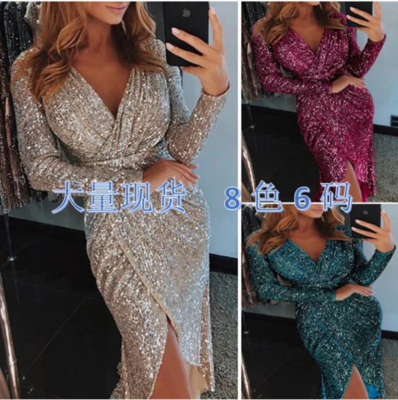 

party dresses women evening v-neck sequin sexy long gowns dress