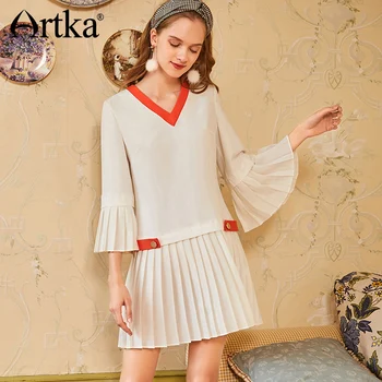 

ARTKA 2019 Spring Summer Chiffon Mini Dress For Women V Neck Flare Sleeve Patchwork Fashion Elegant White Dresses LA11284C