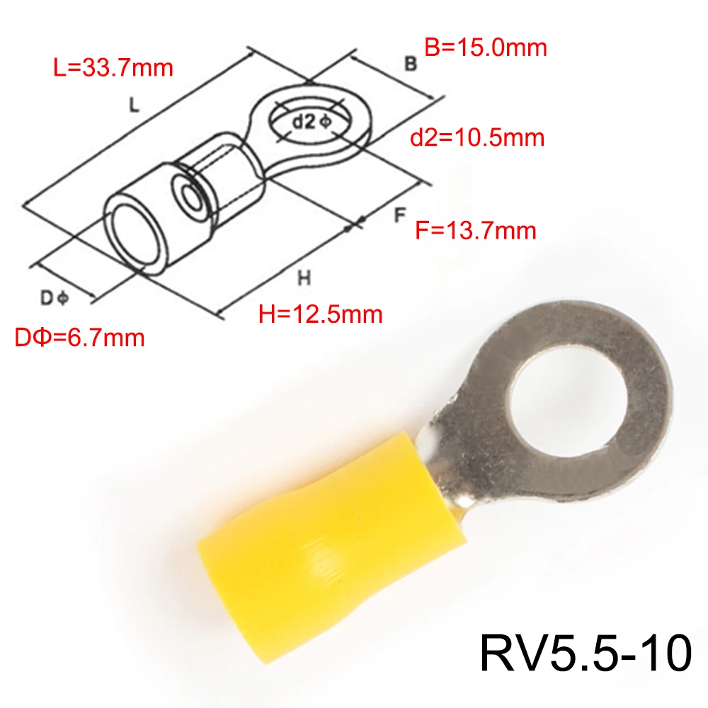DIANQI RV5.5-4 5 6 желтое кольцо изолированный клеммный кабель обжимной клеммный наконечник 4-6mm2 кабель провода разъем 100 шт./упак