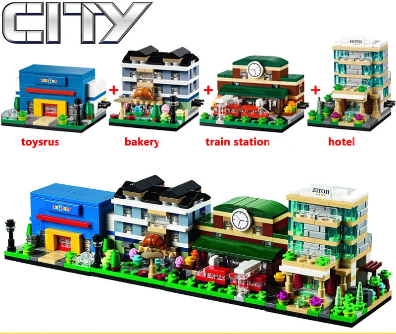 

4 sets/lot Decool 1110-1113 BRICKTOBER Mini Modular Set Hotel Train Station BAKERY 'R' Us Store Compatible Legoed Block KID Toy