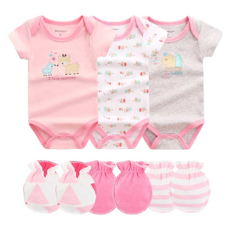 

Newborn Baby Girl Summer Clothes Bodysuit Baby Boy Clothes 3pcs Cotton Short Sleeve Pattern +3 pairs Gloves Infant Baby Clothing