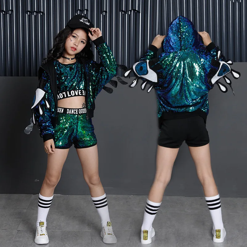 Children Jazz Dance Costumes hip hop Clothes kids dark green  girls sequins Modern Dance Performances Dance Wear for child