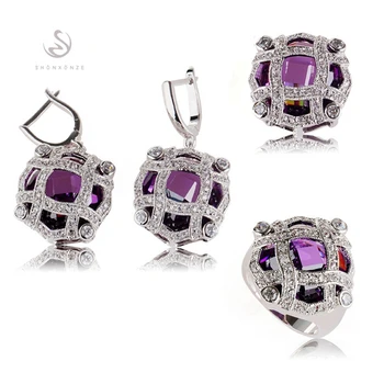 

SHUNXUNZE luxury big boho wedding charms jewelry sets & more for women Purple Pink Cubic Zirconia Rhodium Plated R513set R516set