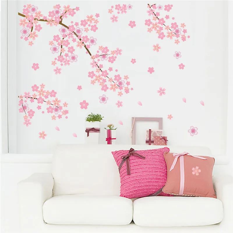 Pink Cherry Blossoms Wall Sticker Flowers Home Decor PVC Background