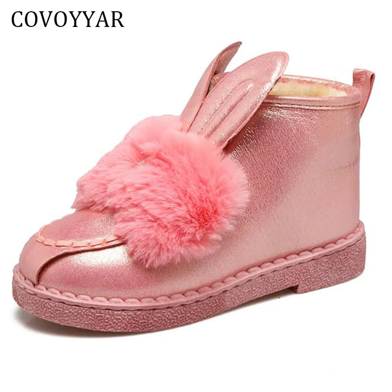 

COVOYYAR 2018 Cute Rabbit Ear Snow Booties Winter Warm Bow Fur Ankle Boots Women Flat Cotton Shoes WBS708
