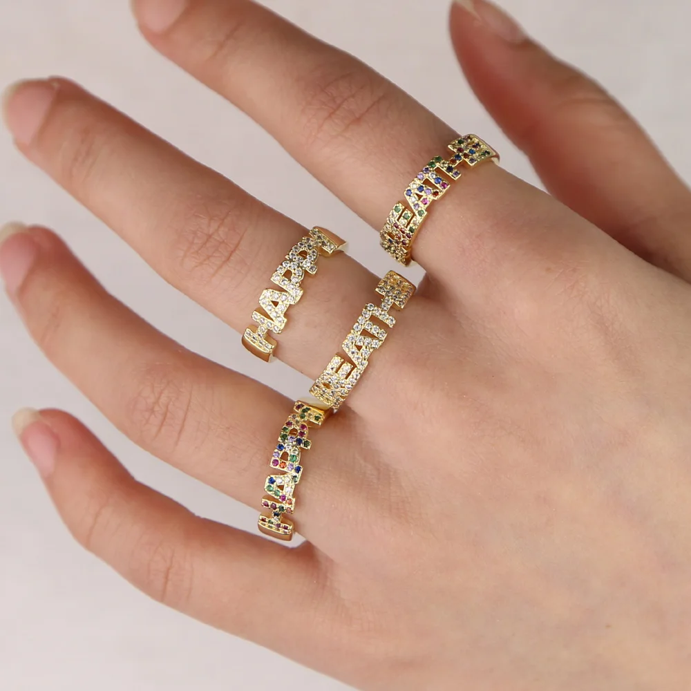 Золотое наполненное белое Радужное красочное cz проложили буквы счастливые дышащие слова значат Женское Обручальное кольцо на палец