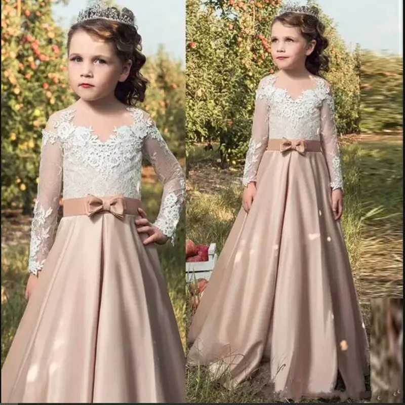 30 Flower Girl Dresses For Wedding Vintage Little Girl Pageant Dresses Long Sleeves Knot Bow Buttons Back Top Lace Full Sleeves (2)