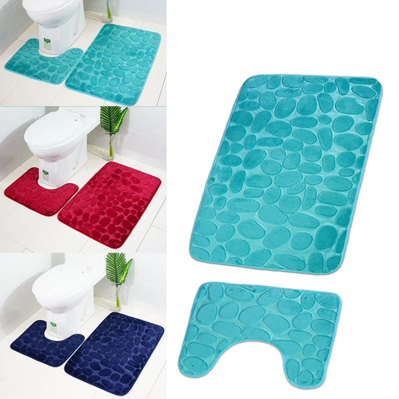 2pcs/Set 3D Cobblestone Soft WC Toilet Foot Pad Rugs Washable Non-slip Mat Bathroom Set Carpet Doormat Decoration Accessories