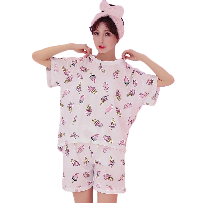 Summer New Womens Pajamas Ice Cream Pattern Printing Cute Short Sleeves