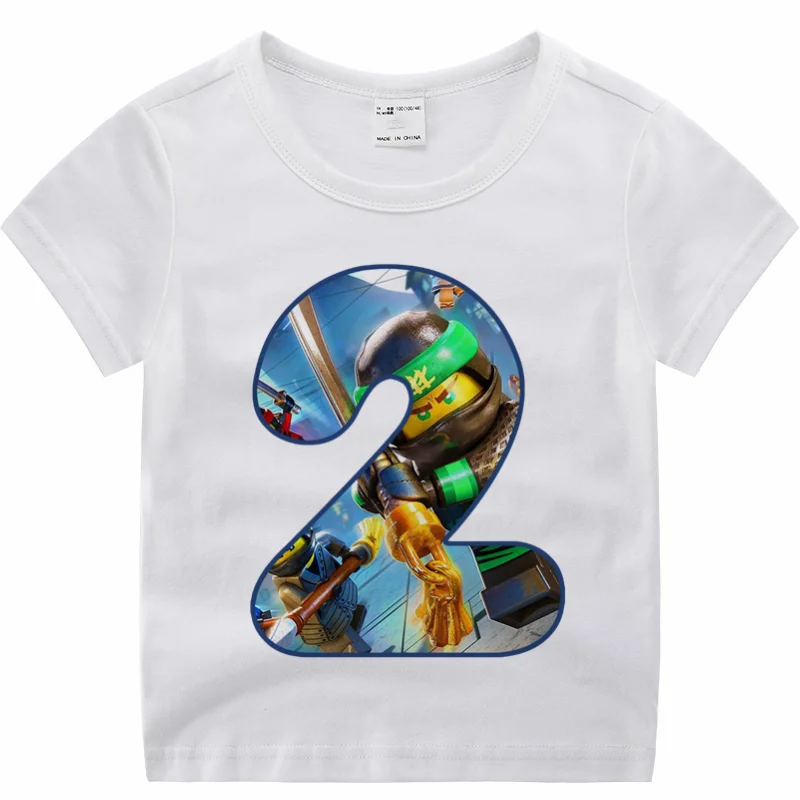Дети Ninjago принт стразы образуют цифру «топы с короткими рукавами для детей; счастливые Футболка «С Днем Рождения» Детская маски подарок на день рождения, Прямая поставка - Цвет: P240-2-white