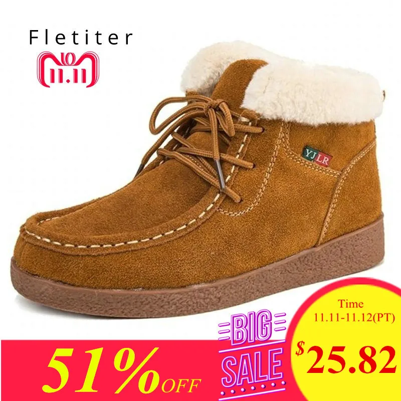 

Snow Boots Cow suede Ankle Boots Warm Winter Boots Woman Black Brown Shoes Female Lace-Up Sneakers casual Shoes Fletiter