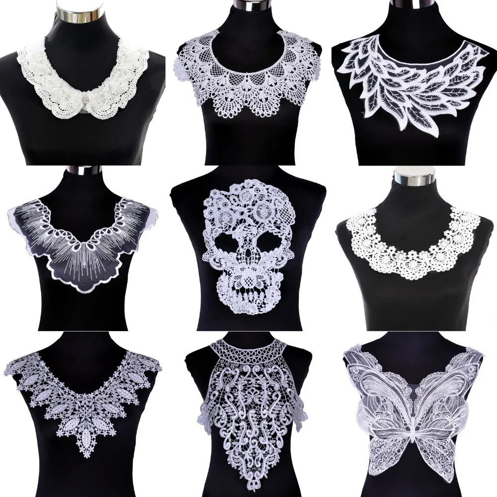 Black Lace Embellishment Sewing Applique Trims Flower Embroidered Venise Neckline Collar Patch Fabric Patches