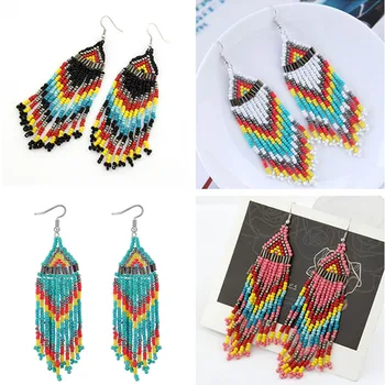 

1 Pairs bohemian Earrings Handmade Women's Czech Colorful Glass Seed Beads Long Tassel Hook Dangle Hoop Jewelry