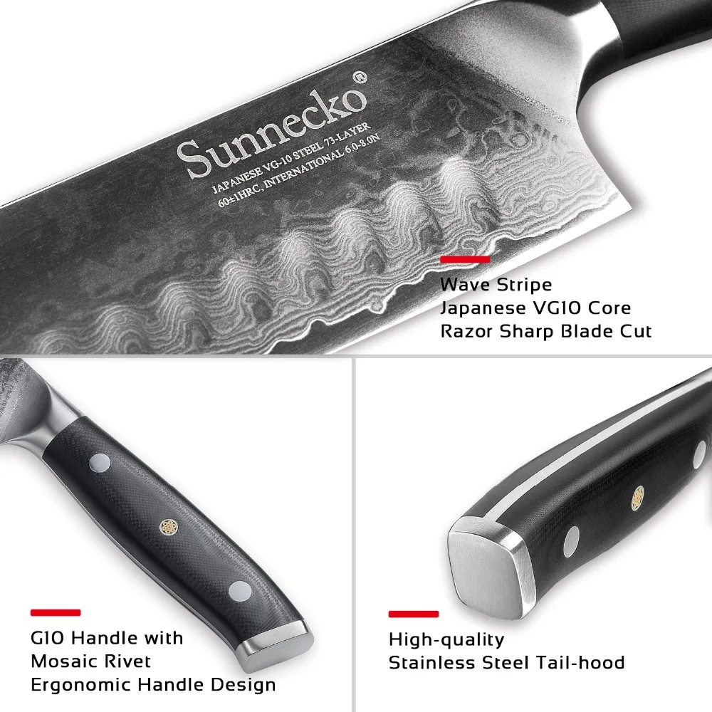 SUNNECKO 2 шт. нож из дамасской стали комплект Santoku универсальный нож для очистки овощей японский VG10 Core Шлифовальный G10 ручка шеф-повара нарезки лосося повара ножи