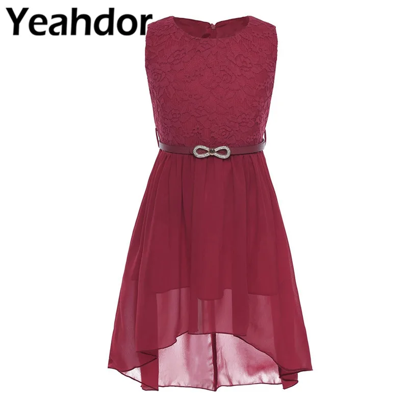 

Kids Girls Chiffon Lace Floral Sleeveless Tea Length Flower Girl Dress Princess Wedding Birthday Party Dress with Belt Vestidos