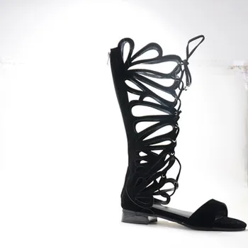 

Open Toe Lace-Up Flat Woman Sandals With Square Heels Hollow-Out Overknee Handmade Big Size Suede Leather Black Summer Shoes New