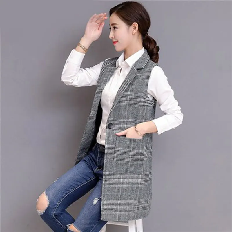 Plaid vest women's long spring and autumn new slim slimming sleeveless