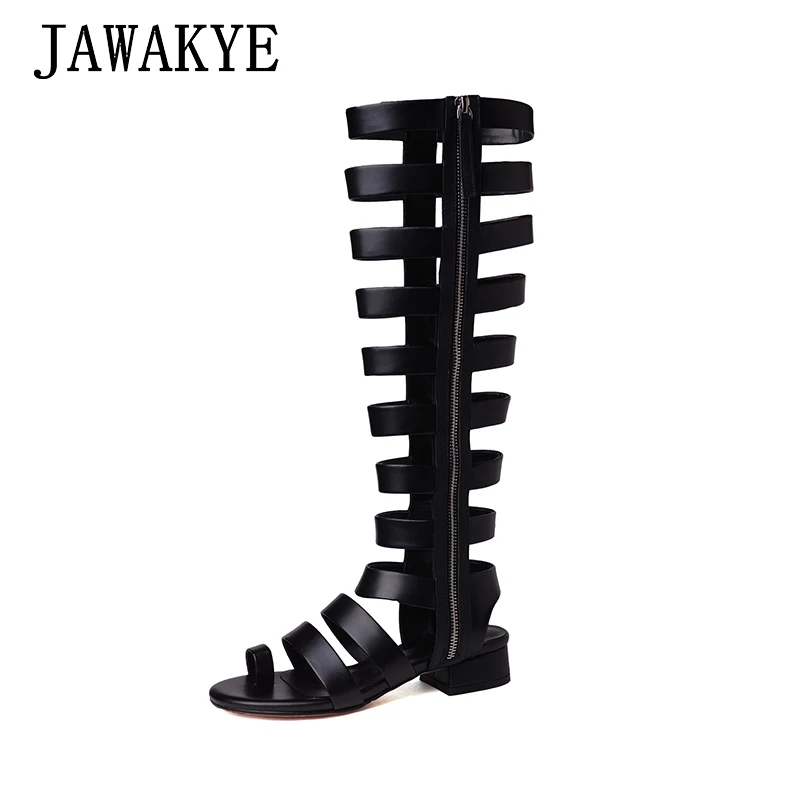 

JAWAKYE Sexy Cut outs Strappy Gladiator Sandals Women Square Heel Fashion flipflops Knee high Summer boots Women botas largas