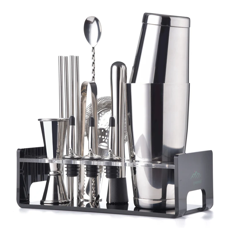 

Greenhill Premium Barware Set, 15 Pieces including Shaker, Jigger, Ice Tong, Strainer, Pourer, Muddler, Straw, Spoon & Holder