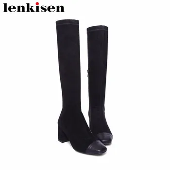 

Lenkisen popular mixed colors zip sqaure toe thick high heels cow leather sexy women winter autumn stretch knee-high boots L9c