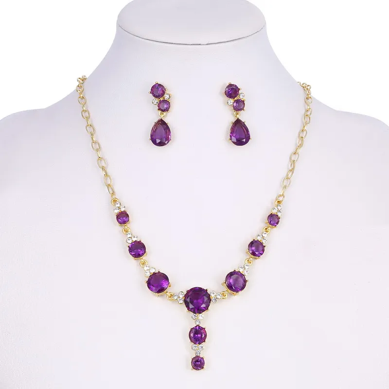 

Beautiful Purple Synthetic Rhinestone Decoration Jewelry Set For Bride African Gold Color Chain Necklace Party Accessory