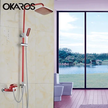 

OKAROS Red Wine Bathroom Shower Faucet 8 Inch Rainfall Shower Head Hand Shower Sprayer Shower Set Water Tap Mixer Torneira
