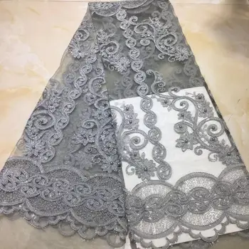 

Latest African Lace 2019 Grey lace Fabric High Quality Sequins Embroidery Lace Beads African Dress French Mesh Tulle Lace