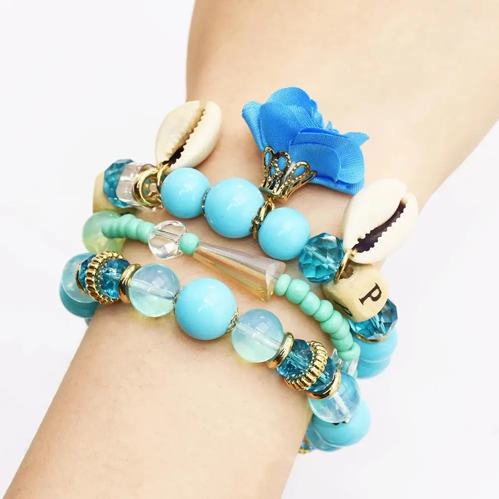

3Pcs Bohemian Holiday Bracelet Black Colorful Natural Sea Shell Beaded Flower Bracelets Arm for Women Ocean Style Summer Jewelry