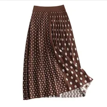 Осенне-зимняя Гибкая эластичная юбка миди с высокой талией, плиссированная теплая трикотажная юбка в горошек для женщин, кофейные черные женские юбки saia
