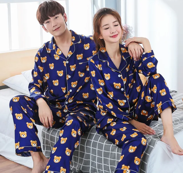 New Arrivals 2018 Lovers Pyjamas Women Silk Satin Pajama Sets Cartoon Bear Couple Pajamas For Women Sleepwear Sets Pijama Mujer