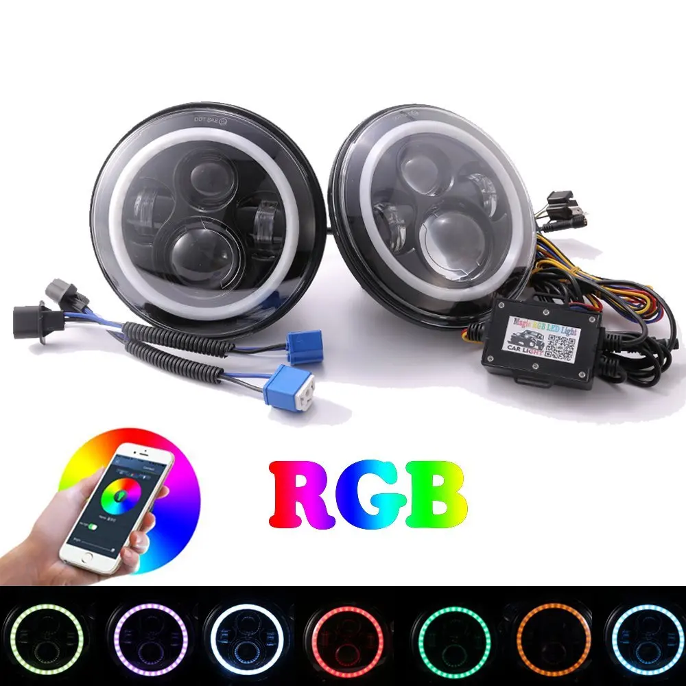 

7'' LED Headlights Bulb RGB Halo Angel eyes with Bluetooth Remote for Jeep Wrangler JK TJ LJ Hummer H1 H2 Headlamp Driving light