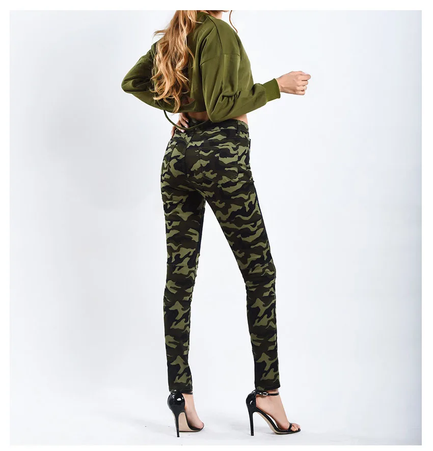 Motorcycle trousers for women stretch trim camouflage printed trousers with denim pencil trousers (9)