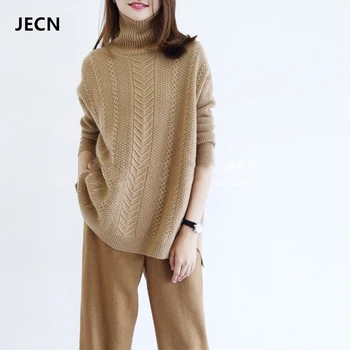 

JECH autumn and winter new high-neck cashmere sweater loose fashion sweet twist ladies sweater high quality soft pullover