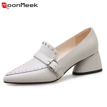 

MoonMeek 2020 NEW fashion pointed toe pumps women genuine leather thick high heel slip on buckle shoes casual shoes SIZE 33-42