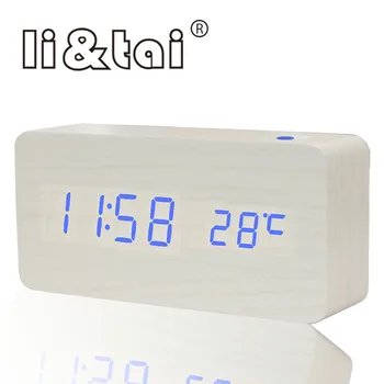 

LED Digital Alarm Clock Despertador Sound Control USB/AAA Temperature Wooden Clock LED Display Electronic Desktop Table Clock