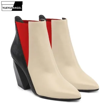 

Brand Chunky Pointed Toe Ankle Boots Woman Autumn Winter Genuine Leather Fur Shoes Elegant Slip On High Heel Chelsea Boots 34-40