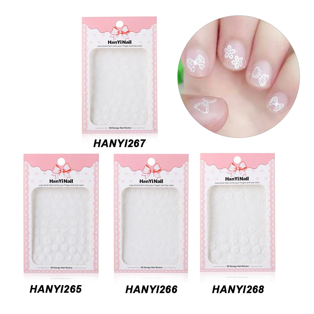 

1 sheet Nail Art Stickers White Flowers Lace 3D Wraps Decal Self Adhesive Charm Butterfly Manicure Slider Decor Tips DIY Nail