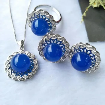 

natural S925 blue silver plated Ice Ring earrings necklace suits gift fine jewelry pendant women sweet lady agate