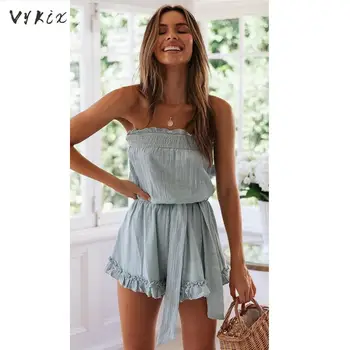 

Summer Boho Vintage Mini Playsuit Wrapped Chest Backless Ruffles Romper Causal Streetwear Women Loose Playsuit