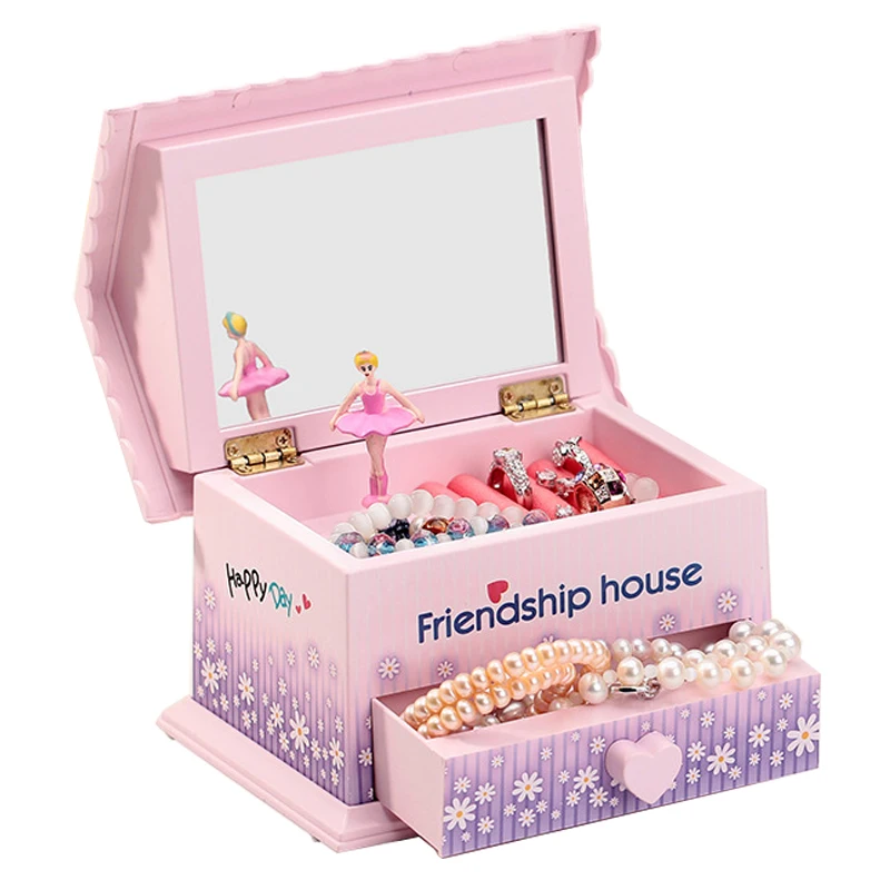 

Fashion Clockwork Music Box Jewelry Storage Box With Mirror Ballet Girls Rotating House Shape Music Box Toy Birthday Gifts