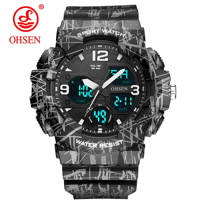 

OHSEN Analog Digital Men Watch LED Dual Core Alarm Waterproof 50m Sports Military Watches Rubber Quartz Clock Hombre Relogio New