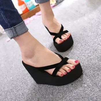 

Summer Sweet Women High Heel Flip Flops Slippers Wedge Platform Beach Home Flat Slipper Female Sandals Black/Blue/Rose