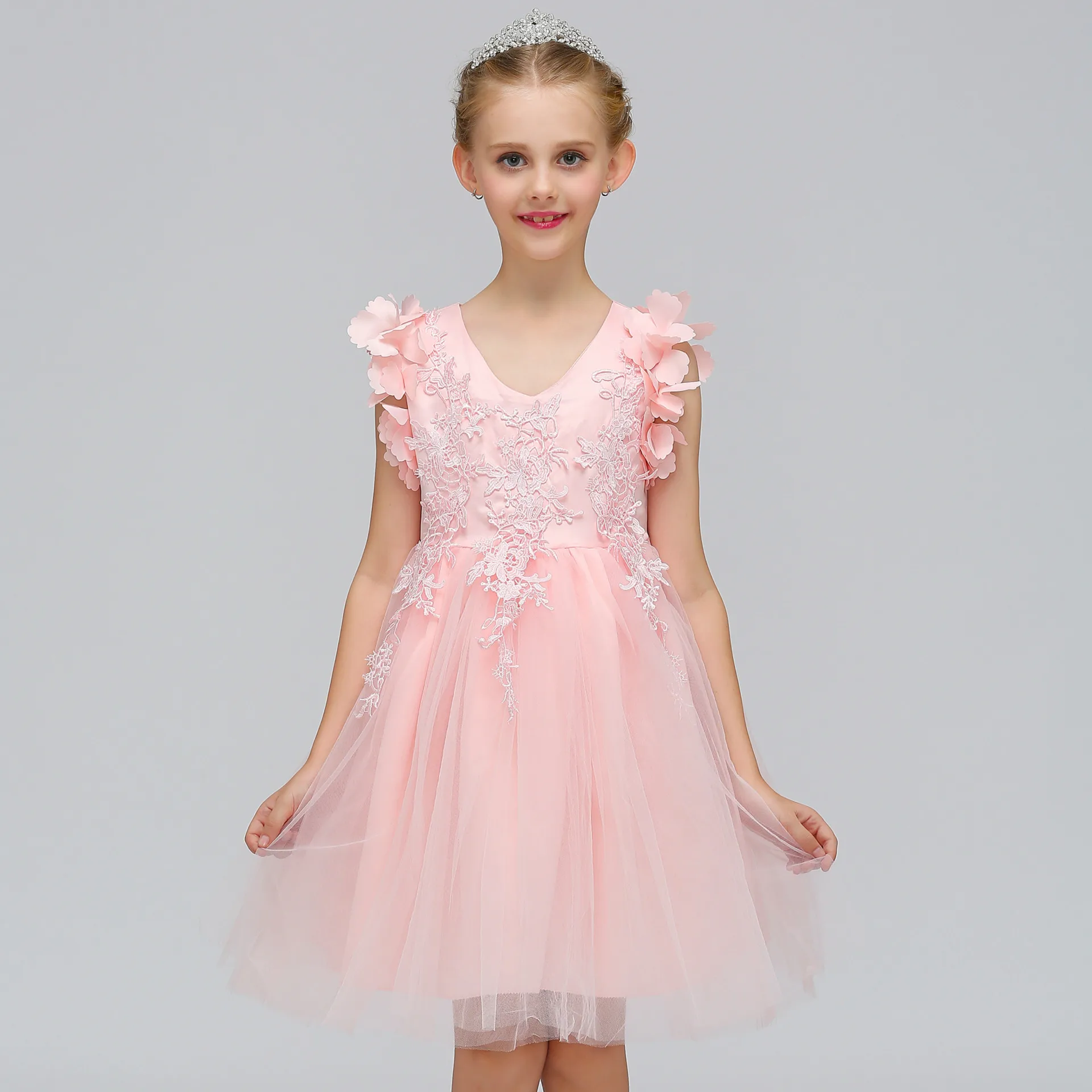 Flower Girls Dress V Collar Kids Princess Dresses European Children's