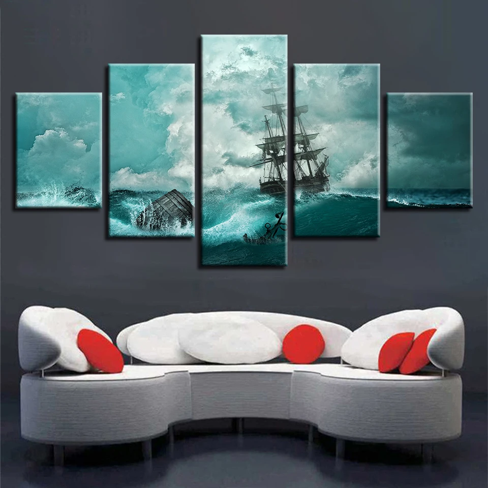 

Canvas Pictures Modular Home Decor 5 Pieces Storm Ocean Wave Sailing Ship Seascape Paintings HD Prints Poster Wall Art Framework