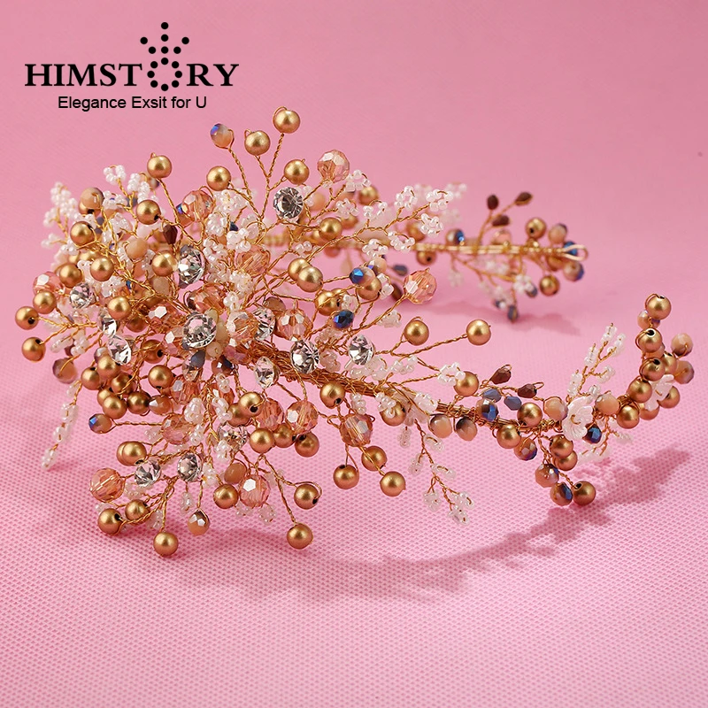

HIMSTORY luxury Handmade Gold Pearl Bridal Headpiece Bridal wedding Hair accessories Headbands Soft Tiara For Bride