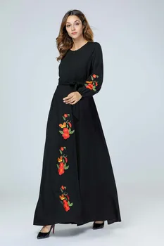 

2019 Women Muslim Abaya Dress O Neck Long Sleeve Plus Size Black Flower Dubai Turkey Dress Patchwork Black Robe Femme Musulmane