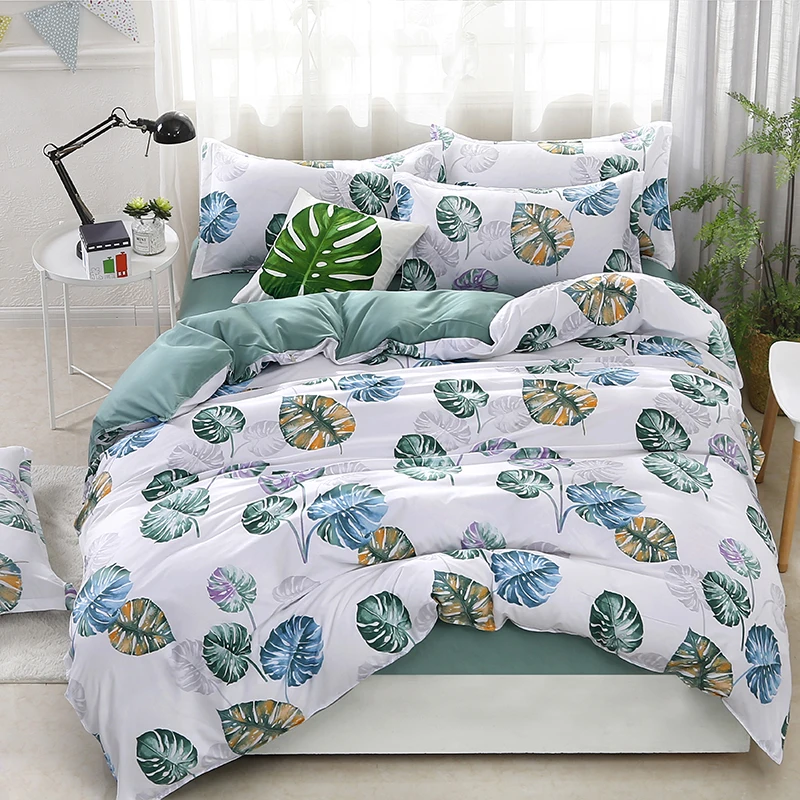 

Green Leaf Pattern Sheet Pillowcase And Duvet Cover Sets 100% Polyester 4pcs Bedlinen Twin Double Queen King Size Bedding Set