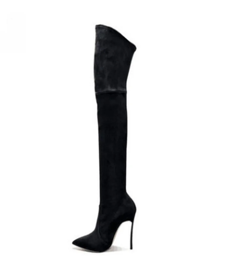 

12cm Thigh High Boots Elastic Knees Thin Boots Slip-on Pointed Toe Faux Suede Slim Boots Shoes Woman Over The Knee Boots Black