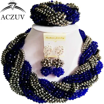 

ACZUV African Beads Jewelry Sets for Women Royal Blue and Silver Crystal Nigerian Necklace and Earrings A12R020